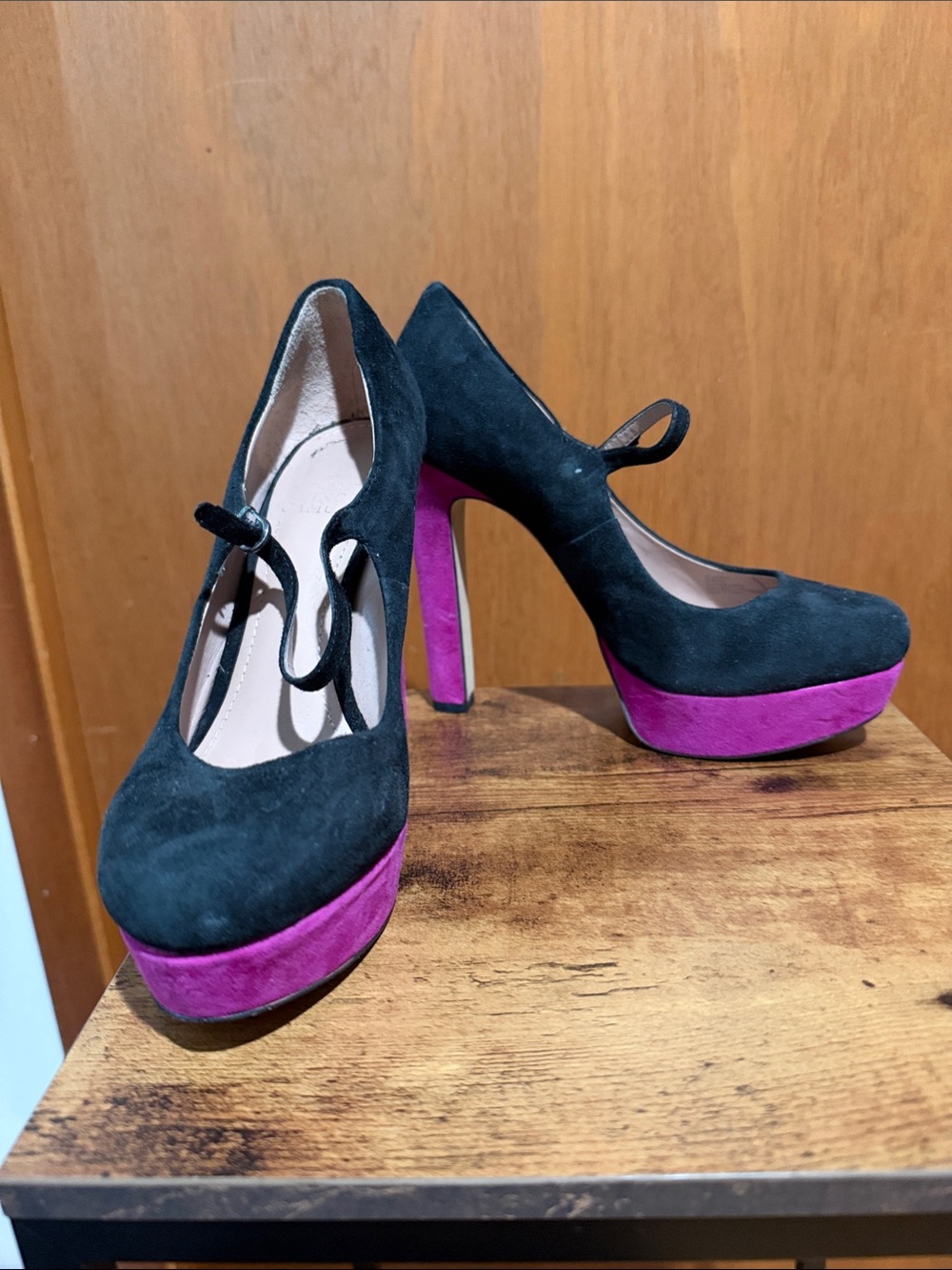 Vince Camuto Black Suede Mary Jane Pumps with Purple Platform
